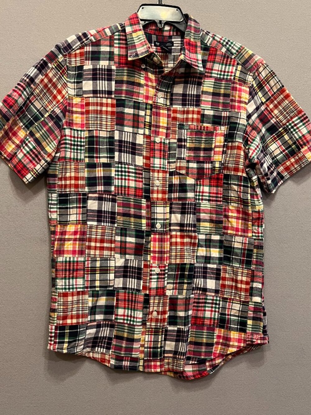 Gap Madras Patchwork Plaid Button Up Shirt Mens Medium Short Sleeve Preppy 90s
